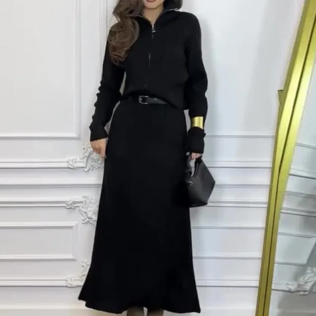Solid color Long sleeve Zip up Jacket And Skirt Fashion Set Black - Shop at LoveMi
