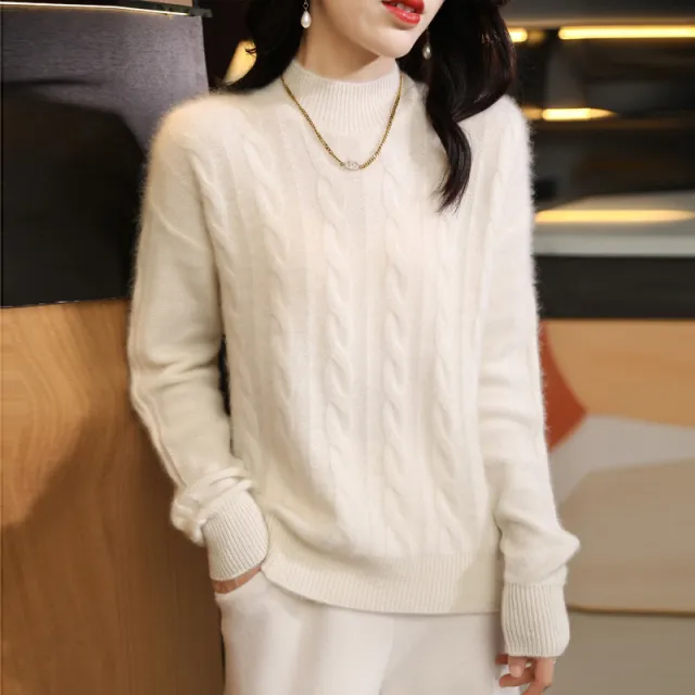Pure Wool Sweater Women's Half Turtleneck Thick Twist Bottoming Shirt Warm White - Shop at LoveMi