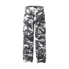 Zipper Pocket Design Loose Wide-leg Straight Trousers Elastic Waist - Camouflage - View 1