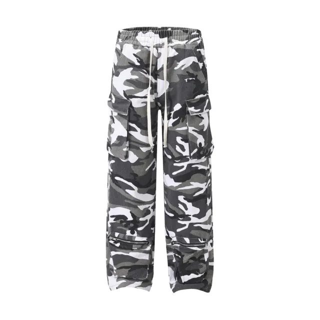Zipper Pocket Design Loose Wide leg Straight Trousers Elastic Waist Camouflage - Shop at LoveMi