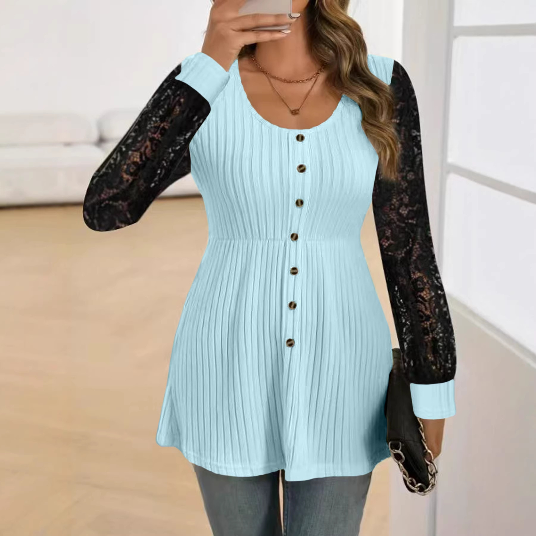 Womens Crew-Neck T-Shirt Plus-Size Long-Sleeve Top