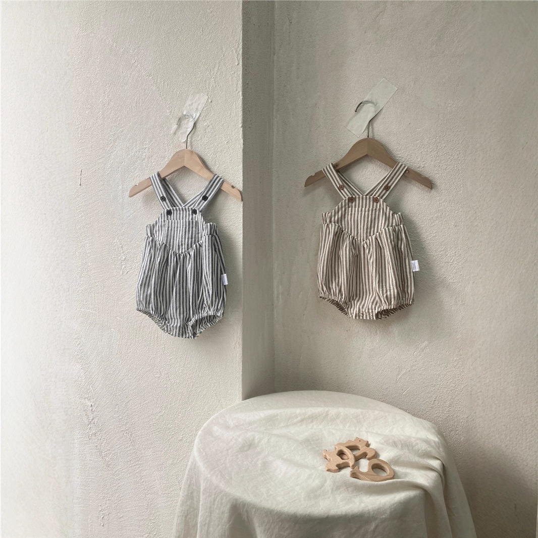 Unisex Striped Short-sleeve Rompers With Suspenders For Summer