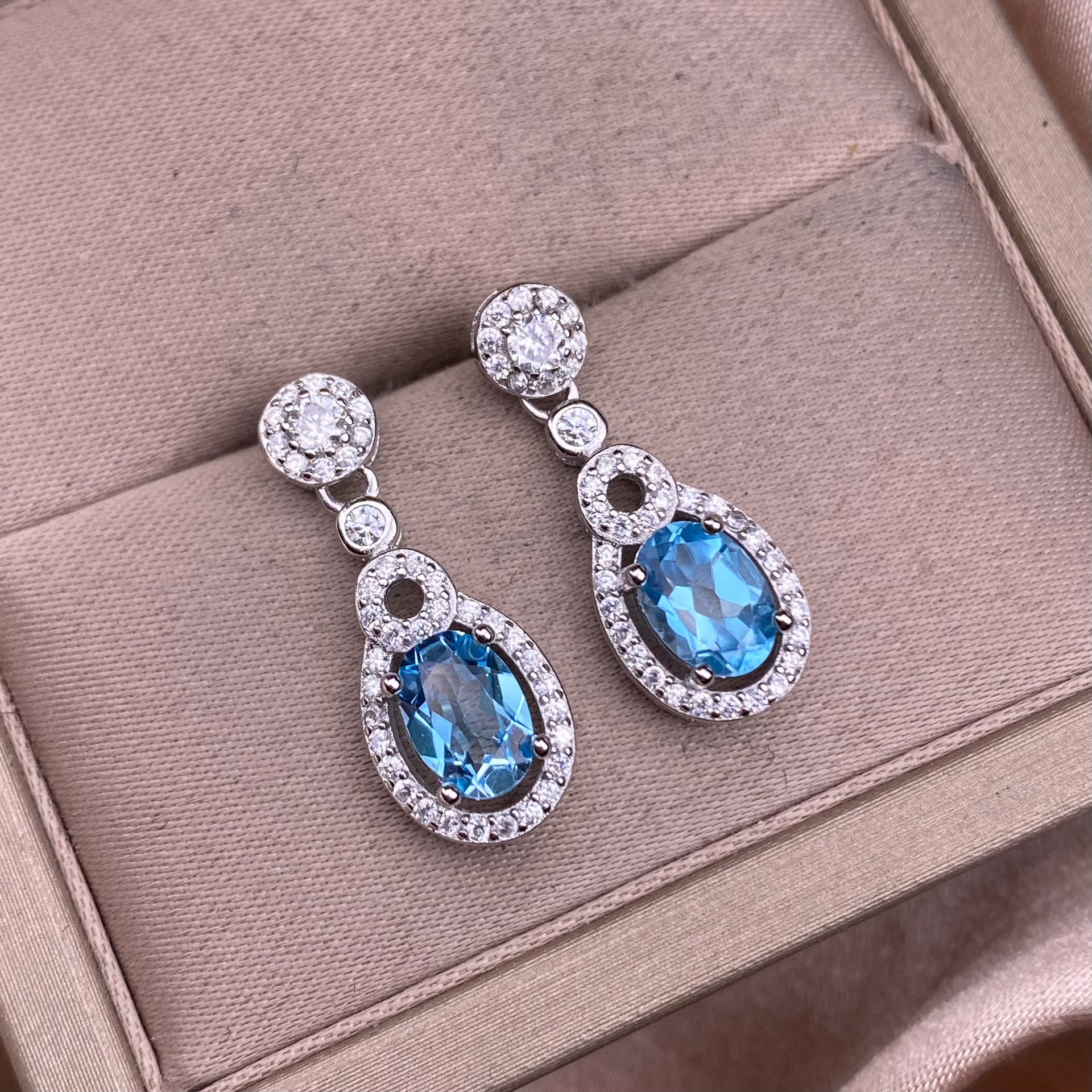 Blue Topaz Earrings S925 Silver Set With Full Diamonds
