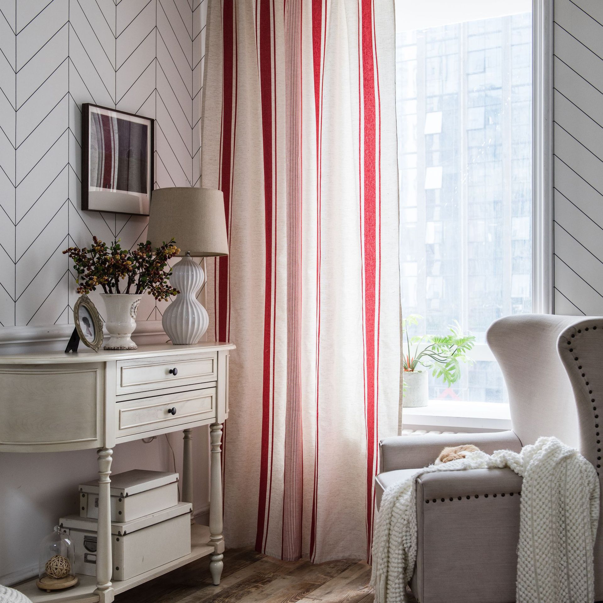 Red-striped Semi Blackout Curtain
