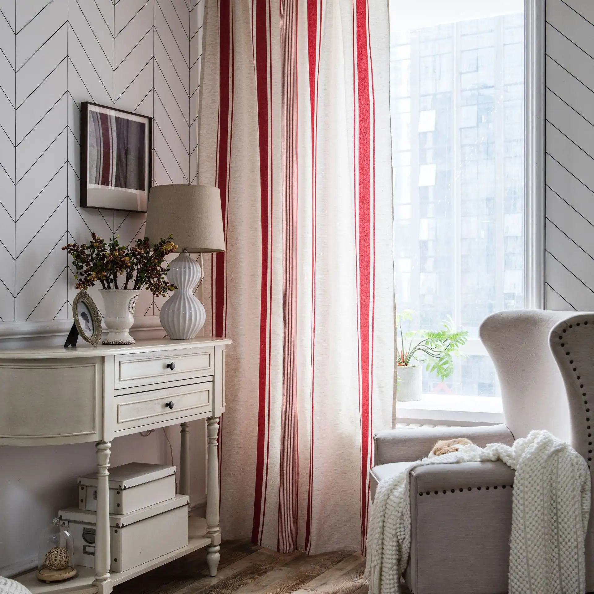 Red-striped Semi Blackout Curtain