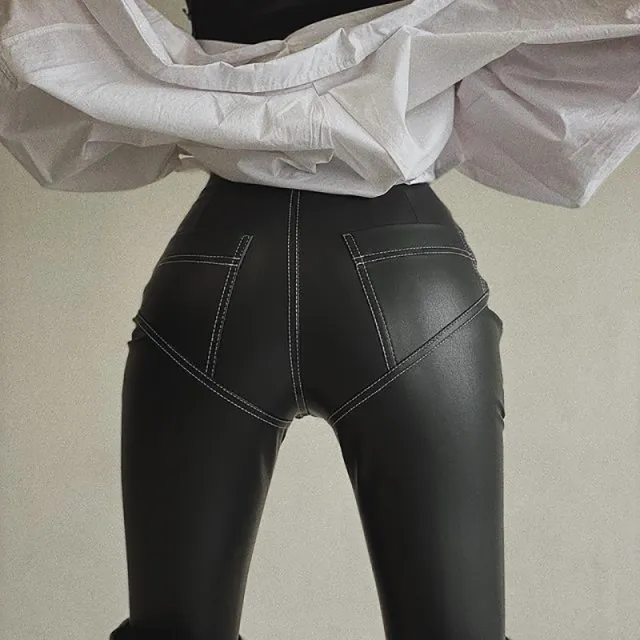 Women's Fashion Solid Color PU Leather Stretch Skinny Leggings Black - Shop at LoveMi