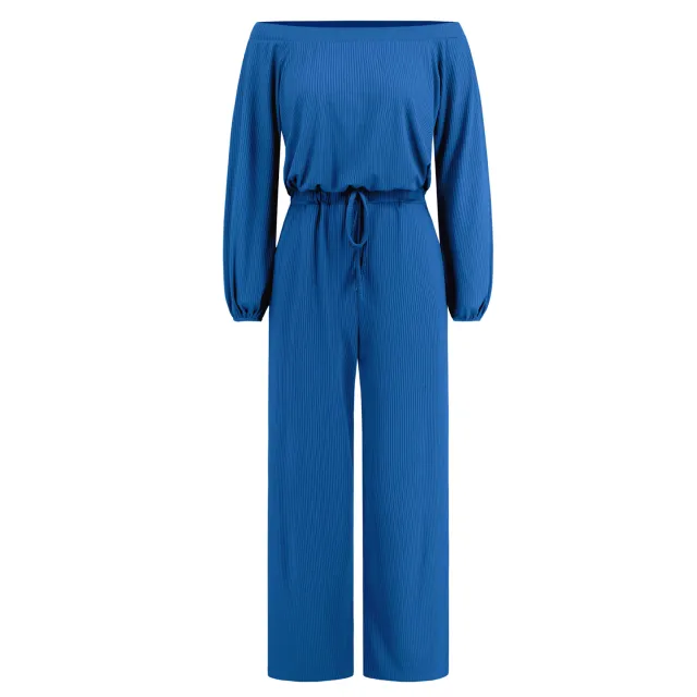 Casual Off shoulder Long Sleeve Waist slimming Jumpsuit Lace up Wide leg Trousers Blue - Shop at LoveMi