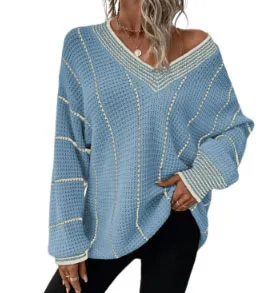 Autumn And Winter Knitted V neck Striped Sweater Light Blue - Shop at LoveMi
