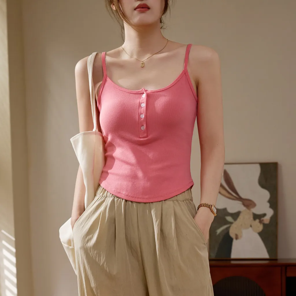 Solid-color Buttoned Cropped Camisole - Pink