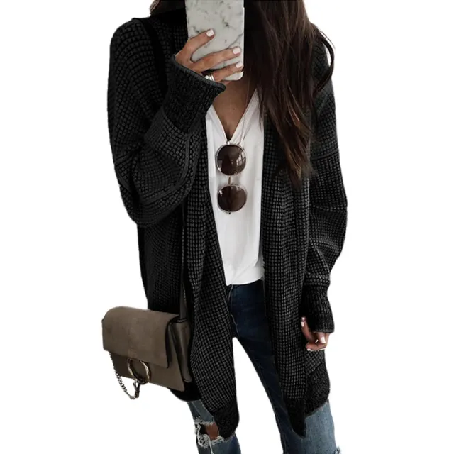 New Mid length Knitted Smocking Women's Sweater Cardigan Black - Shop at LoveMi