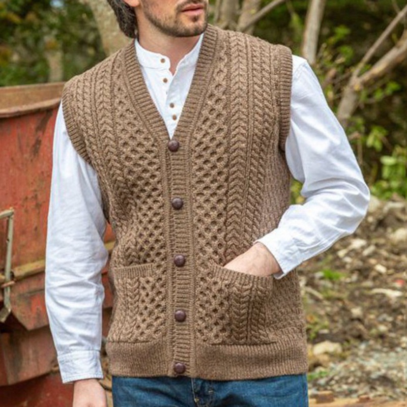 Cardigan Knitted Vest Jumper L M XL 2XL 3XL Brown Sleeveless Button Gilet - Picture 6 of 6