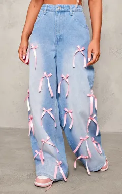 Bow High Waist Wide Leg Jeans - Blue - View 1
