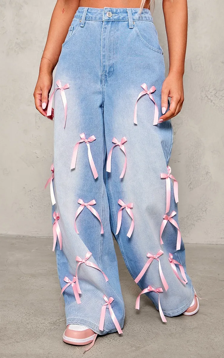 Bow High Waist Wide Leg Jeans - Blue