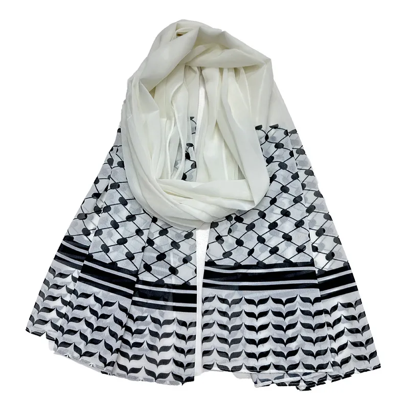 Solid Colour Malaysian Women's Printed Pearl Chiffon Bubble Long Scarf Headscarf - White Lines