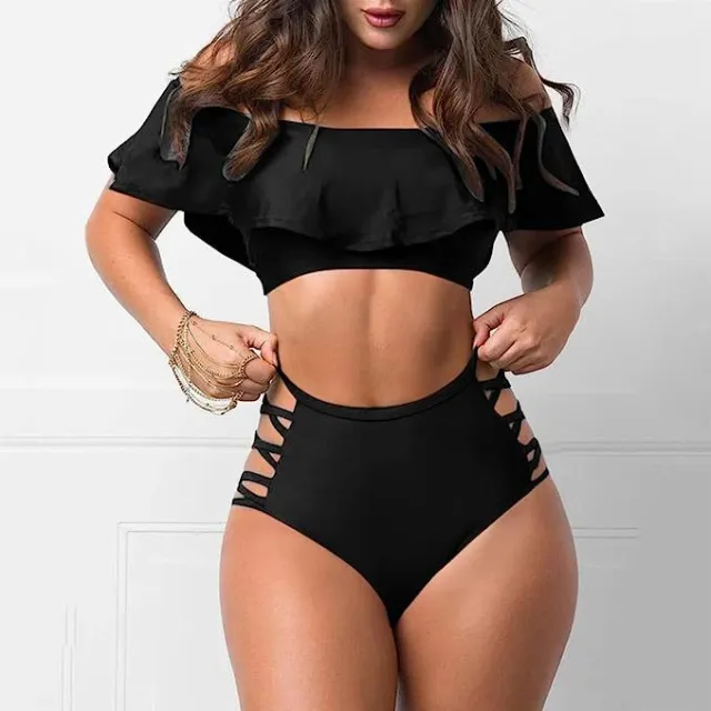 Flounced Split Tube Top Bikini Black - Shop at LoveMi