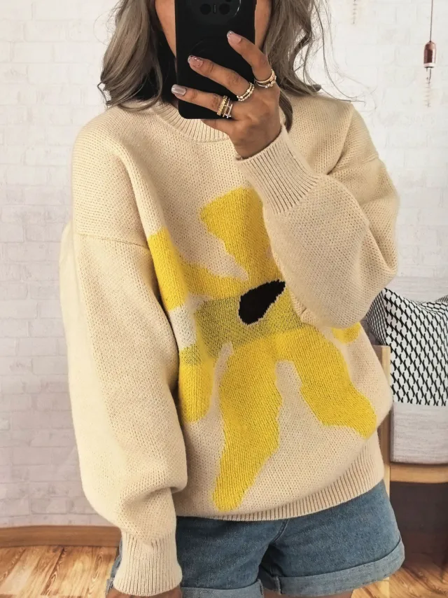 Casual Loose Knitted Round Neck Large Flower Jacquard Contrast Color Sweater Apricot - Shop at LoveMi