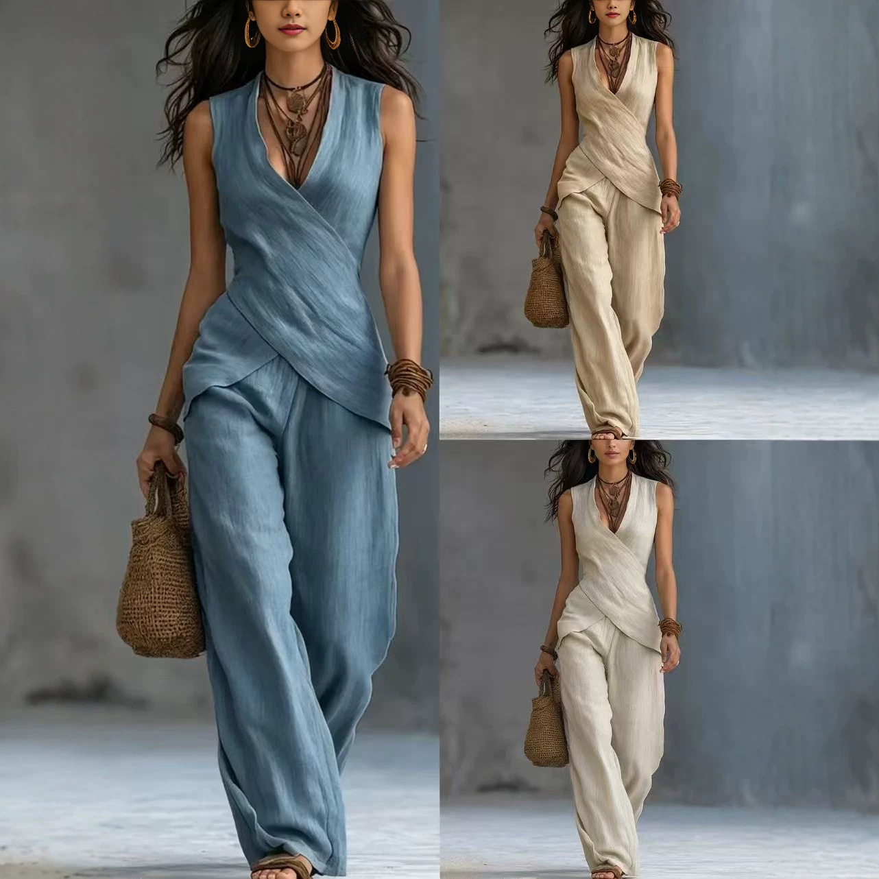 Cross-design Top Casual Shirt Wide-leg Pants Set For Women