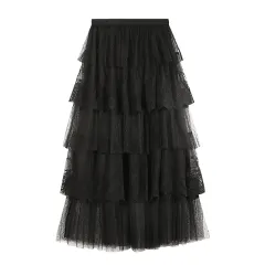 Embroidered Lace Mesh Skirt Cake A- Line Skirt - Black - View 1