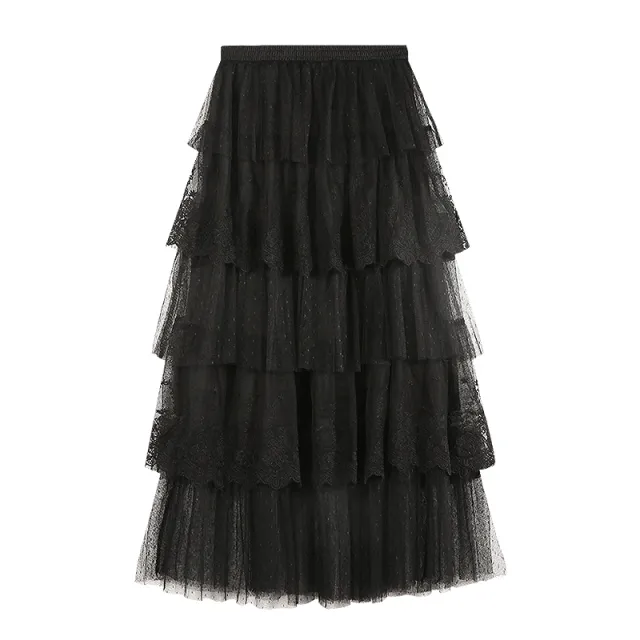 Embroidered Lace Mesh Skirt Cake A Line Skirt Black - Shop at LoveMi