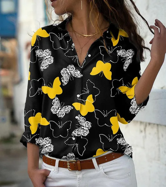 Autumn New Butterfly Print Long sleeved Shirt For Women Yellow - Shop at LoveMi