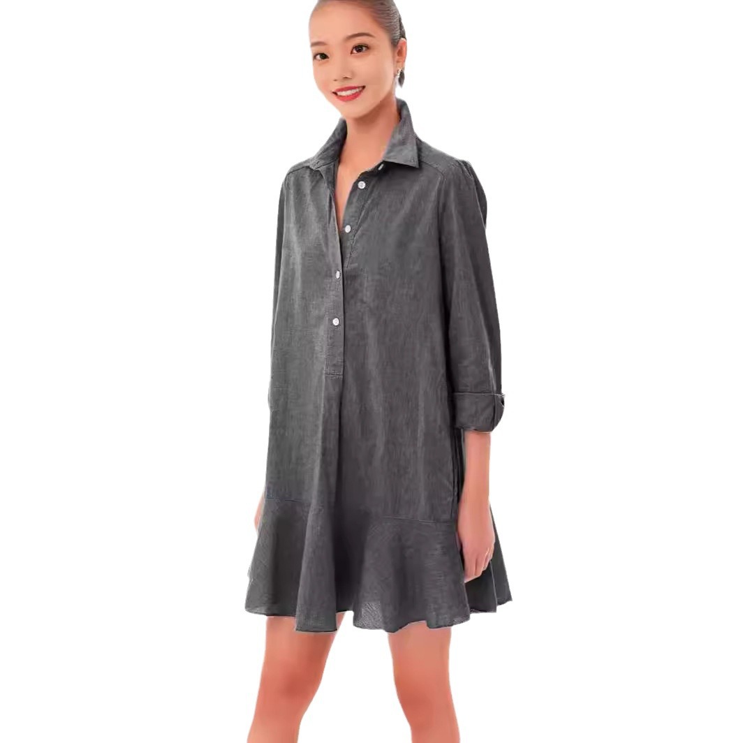 Solid Color Long Sleeve Lapel Shirt Hem Lotus Leaf Dress