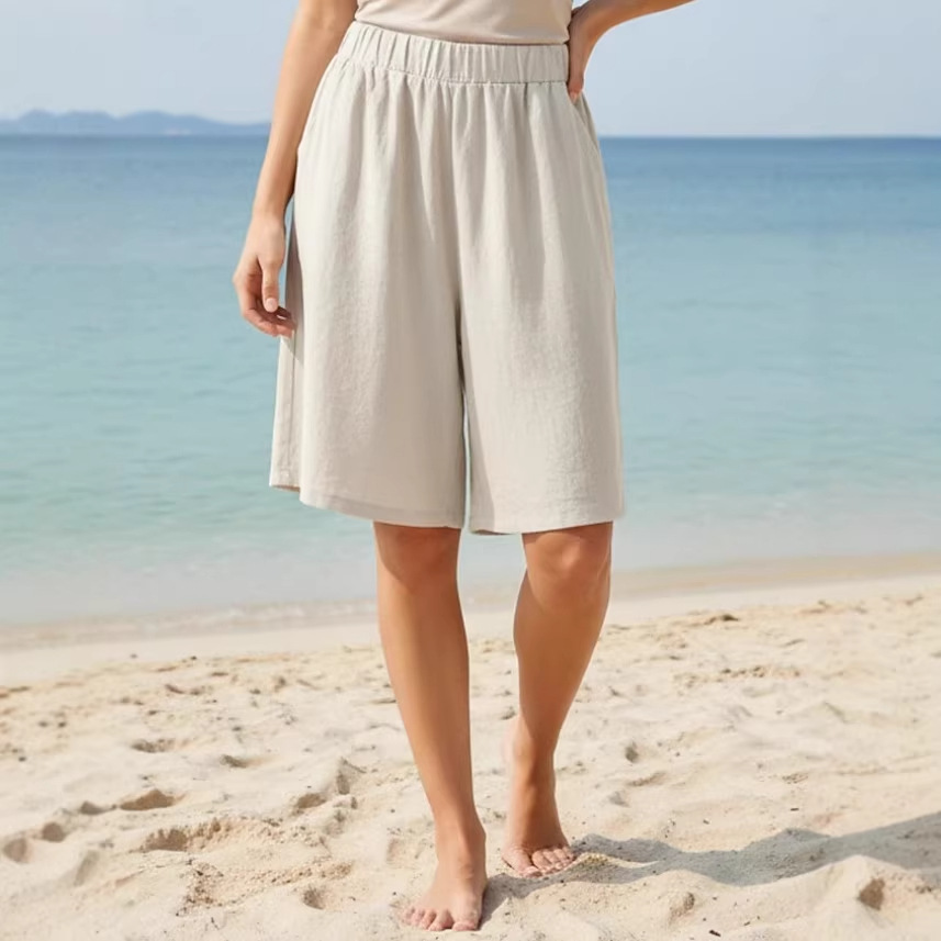 Summer Loose Casual Cotton-Linen Elastic-Waist Wide-Leg Shorts For Women