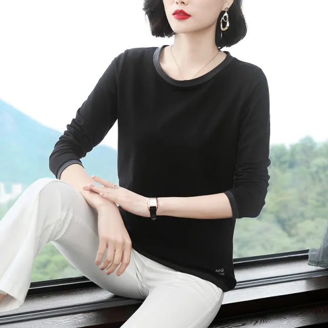 Women's Patchwork Round Neck Long sleeved T shirt Black - Shop at LoveMi