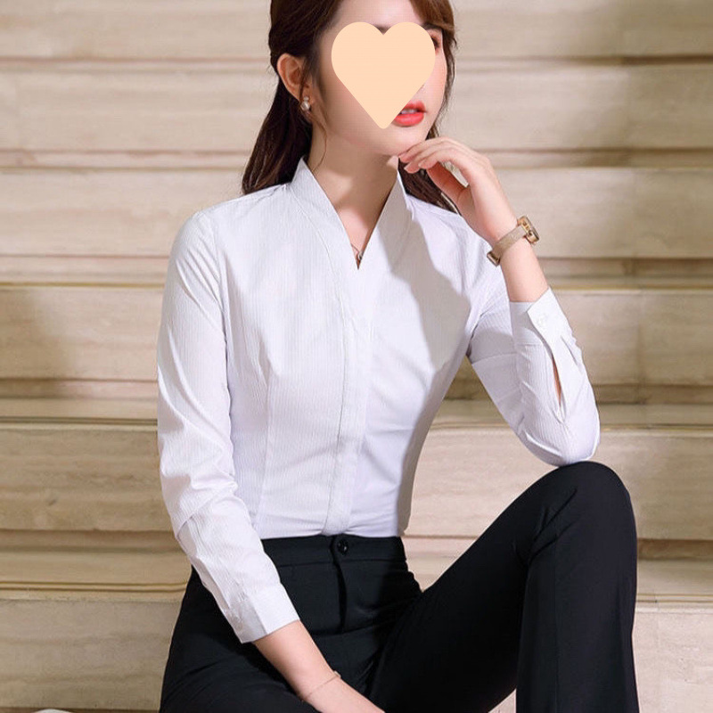 Uniform Striped High Cotton Blouse White Long Sleeve Slim-fit Top