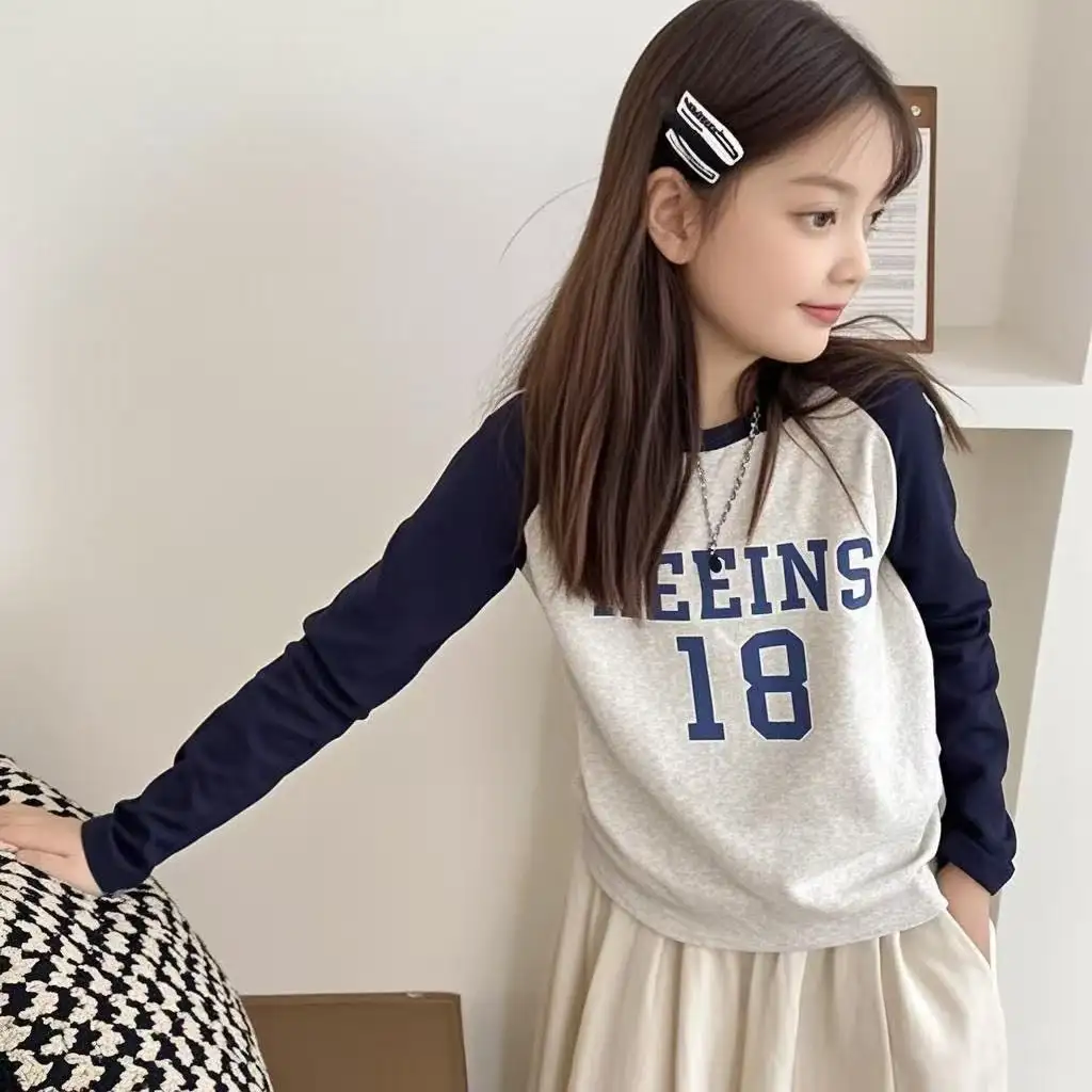 Girls' Cotton Top, Korean-Style Color-Block Raglan Long-Sleeve