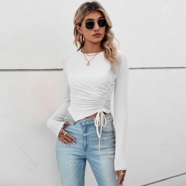Casual Irregular Short Ruched Slim fit Long sleeve Women's Top White - Shop at LoveMi