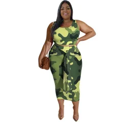 Women's Plus-Size Printed Top And Casual Skirt Set - Army Green - View 1