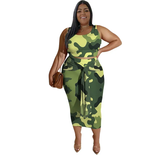 Women's Plus Size Printed Top And Casual Skirt Set Army Green - Shop at LoveMi