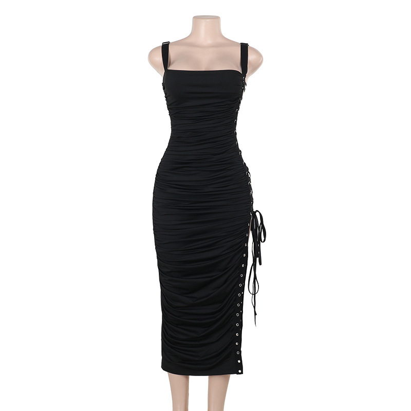 Elegant Slim-fit Side Hollow Out Strap Pleated Dress