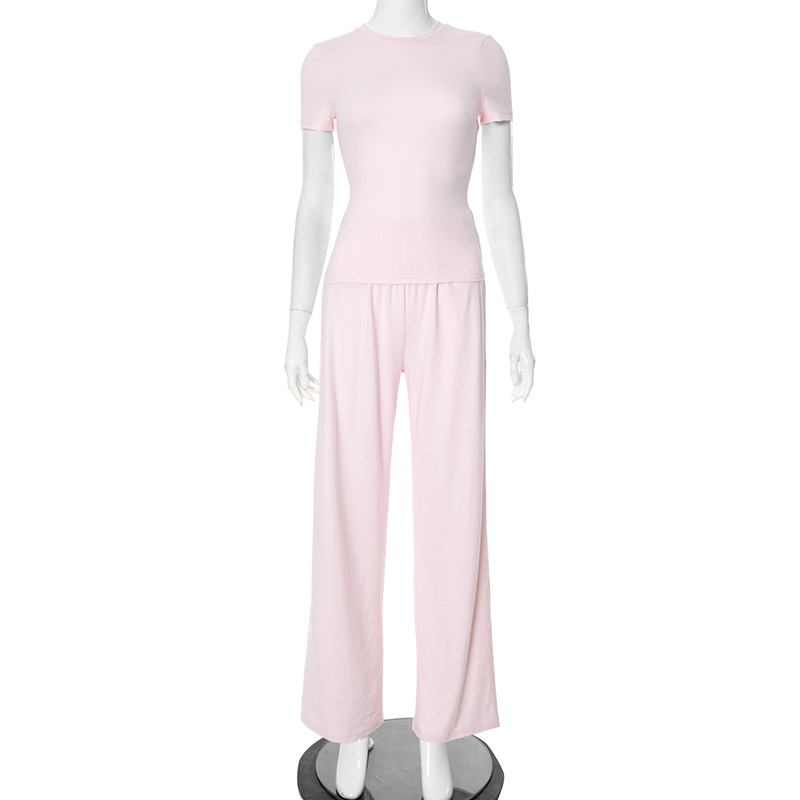 Spring And Summer Round Neck Solid Color Slim Fit Pullover Elastic Waist Wide Leg Trousers Suit Pink - Shop at LoveMi