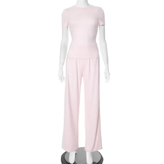 Spring And Summer Round Neck Solid Color Slim Fit Pullover Elastic Waist Wide Leg Trousers Suit Pink - Shop at LoveMi