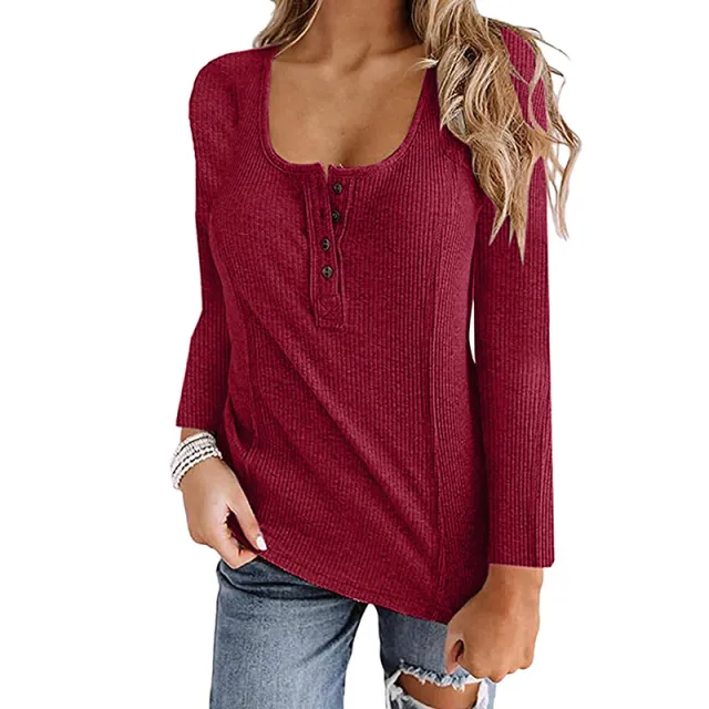 Button Solid Color Long sleeved Top Female Red - Shop at LoveMi