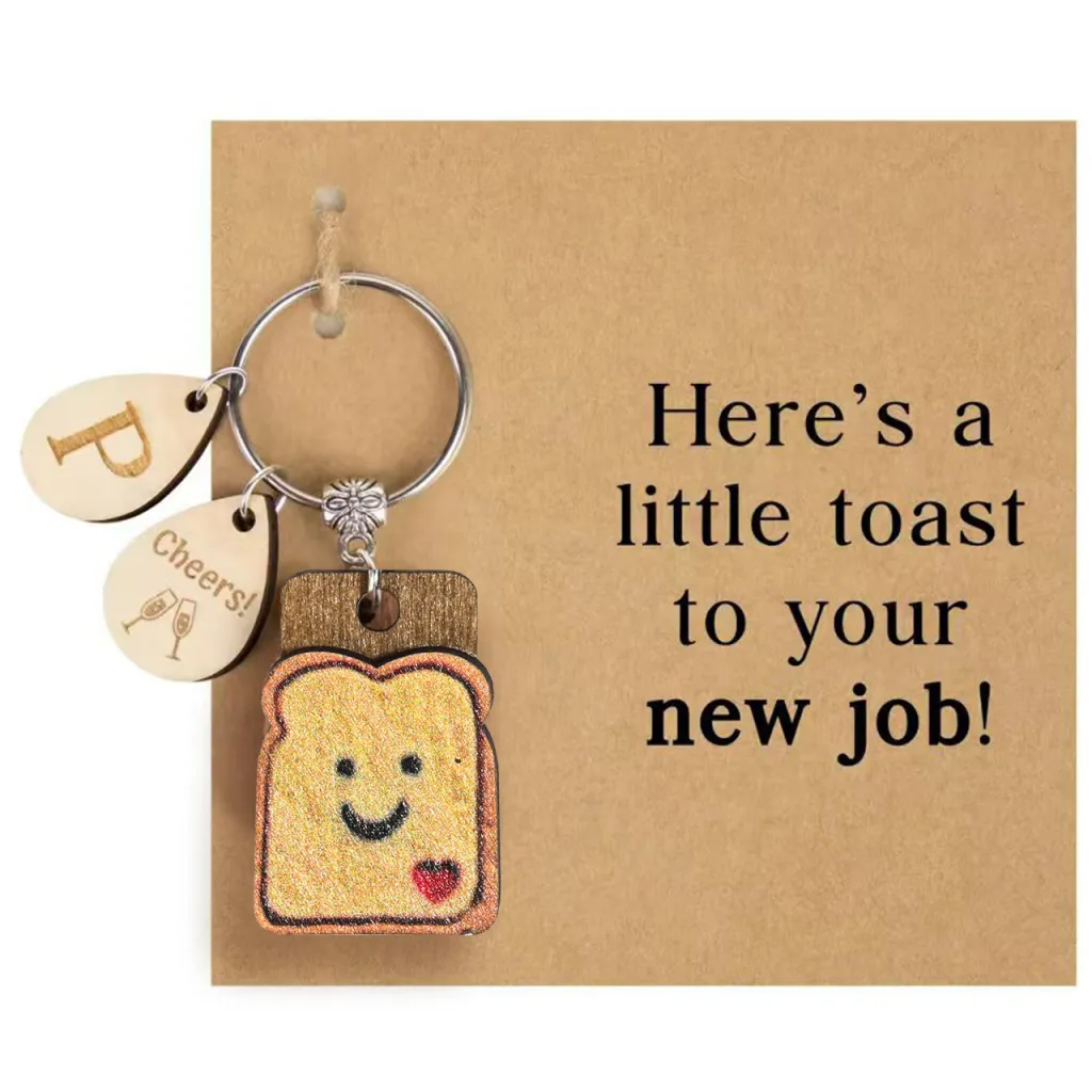 Cute Bread Wooden Board Water Drop Pendant Alloy Key Ring - New Job Toast 2