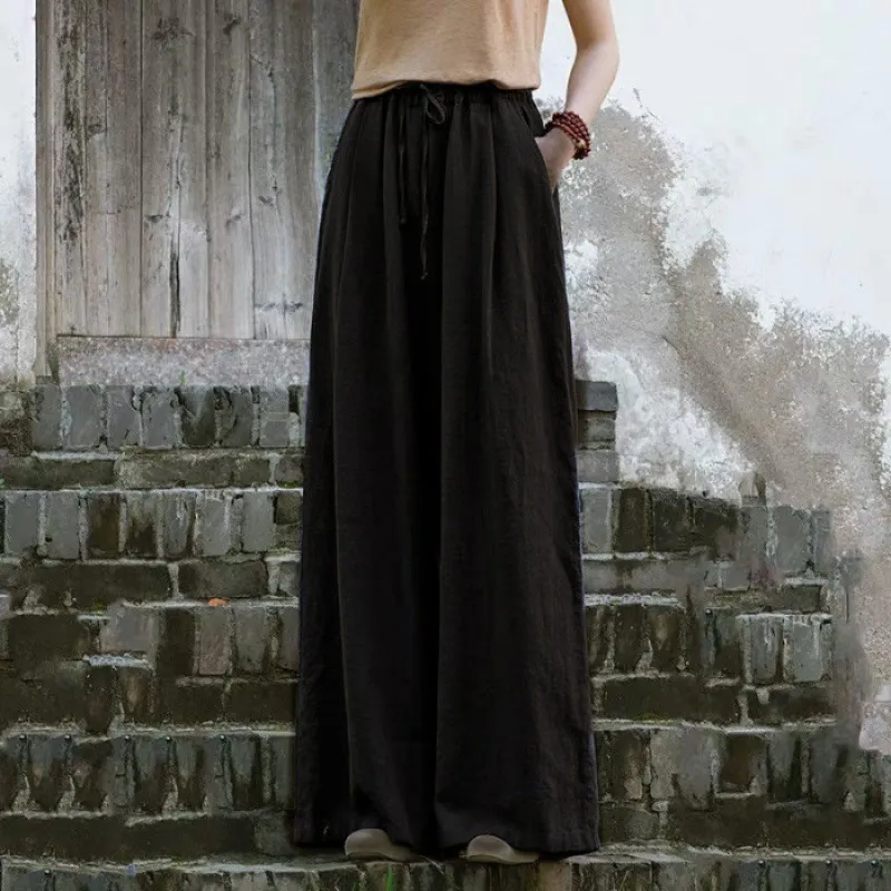 Women's Solid Colour Casual Loose Cotton And Linen Wide-leg Trousers - Pure Black