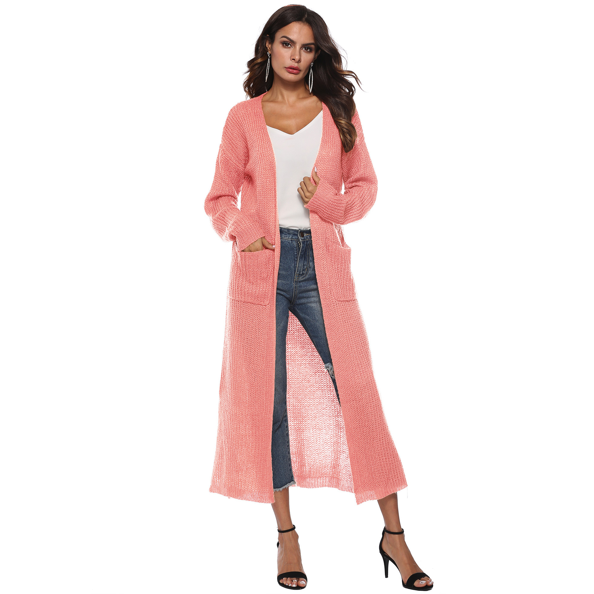 Autumn And Winter New Europe And America Cross Border Women's Long sleeved Sweater Solid Color Cardigan Dress Split Dress Female A8019 Pink - Shop at LoveMi
