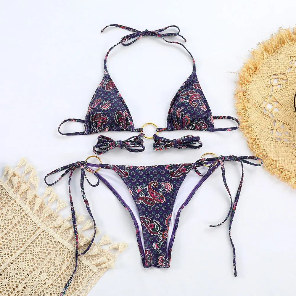 Women's Metal Three-ring Printed Lace Up Split Swimsuit - Printing-L