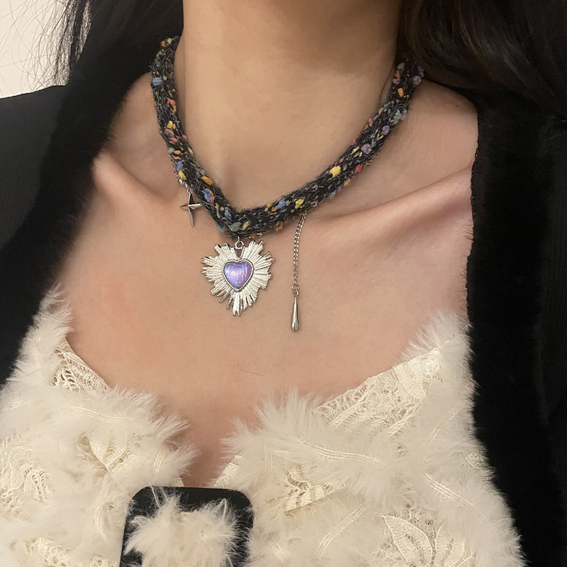 Purple Heart Tassel Wool Choker Necklace