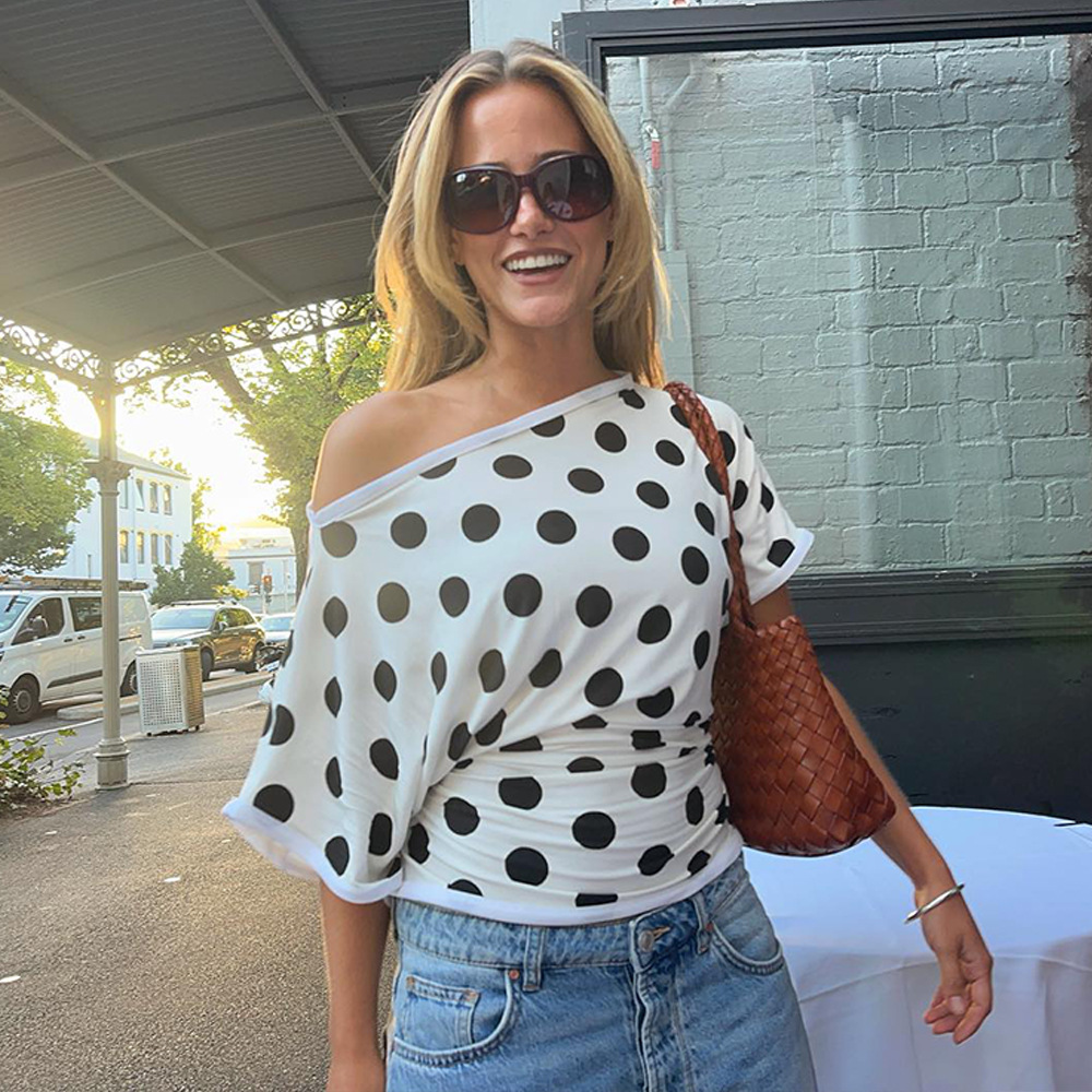 Women's Polka Dot Top Elegant Slant Shoulder