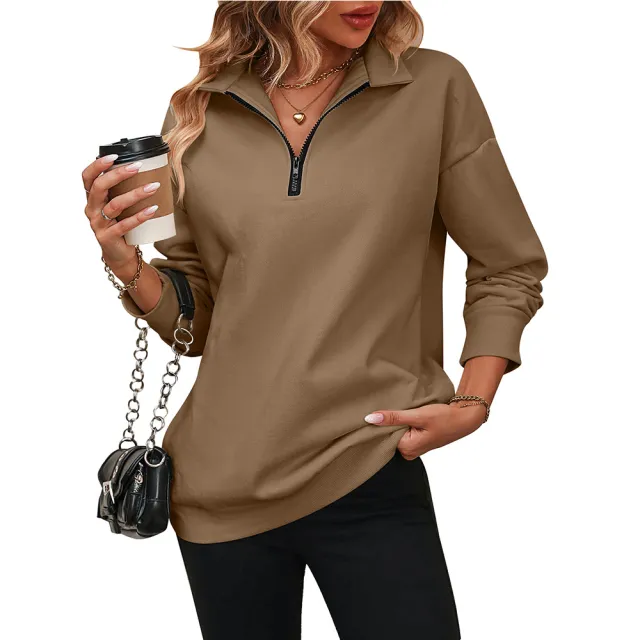 Half Long sleeve Zipper Sweatshirt Y2g Fashion Pullover Fleece Sweater Camel - Shop at LoveMi