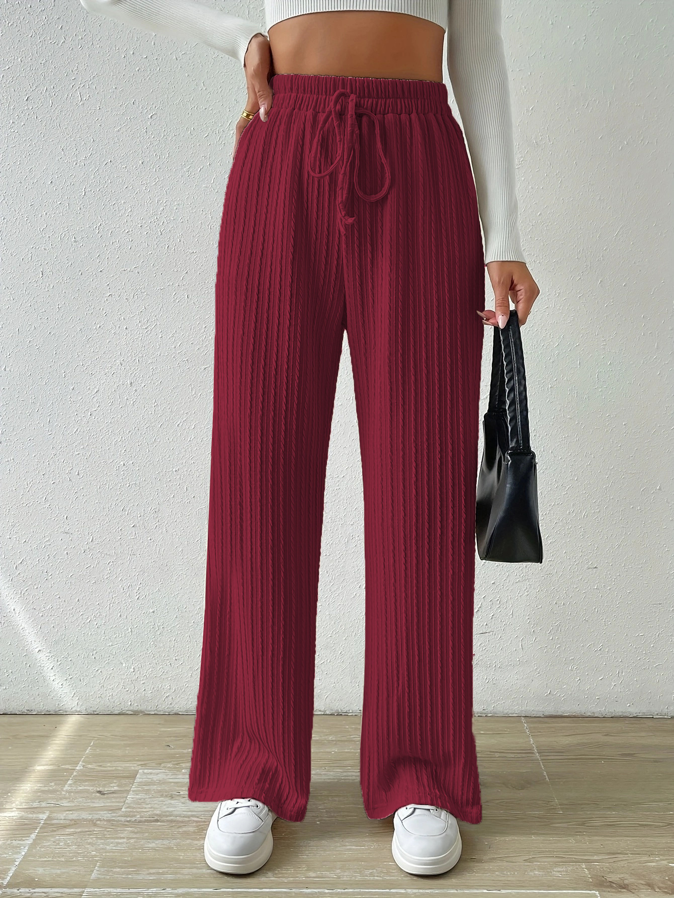 Knot Waist Texture Knitted Wide Leg Trousers Women's Clothing Wine - Shop at LoveMi