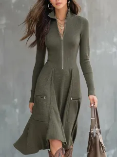 Zippered Pocket Long Sleeve Waist-cinching Dress - Army Green - View 1