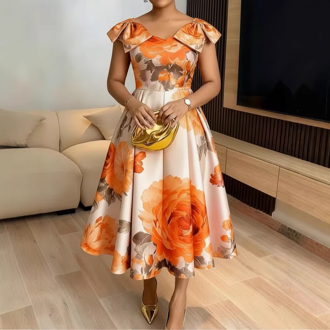 French Orange Blossom Print Dress With Ruffled Hem