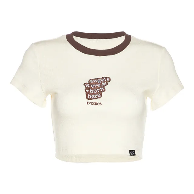 Fashion Letter Crew Neck Short sleeved T shirt For Women Apricot - Shop at LoveMi
