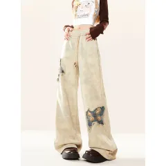 New American Butterfly Raw Embroidery Wide Leg Trousers For Women - Apricot - View 1