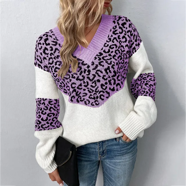 Fur Rain V neck Pullover Contrast Color Leopard Print Sweater Purple - Shop at LoveMi