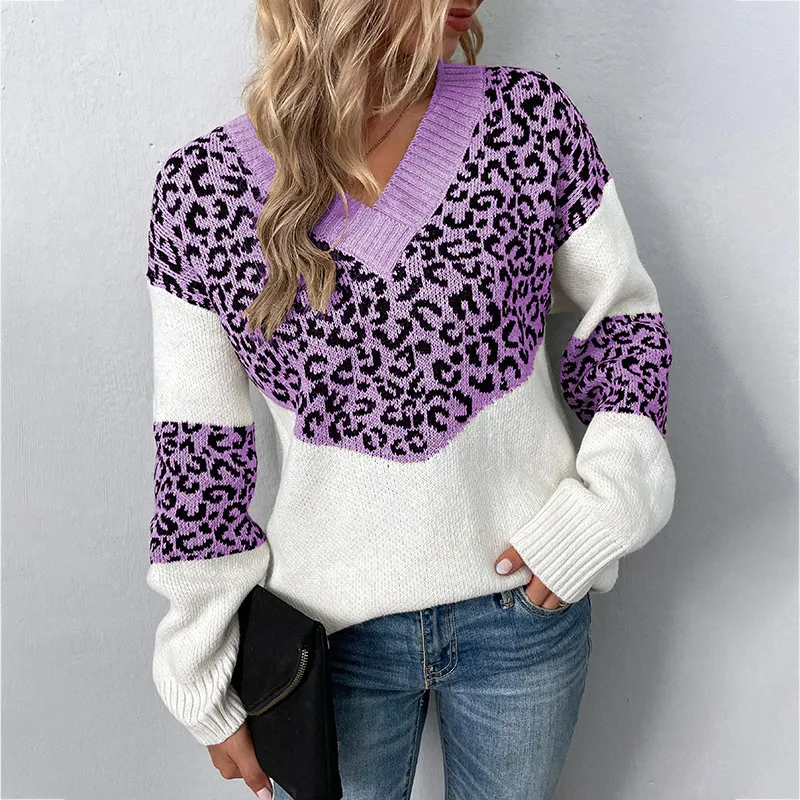Fur Rain V-neck Pullover Contrast Color Leopard Print Sweater - Purple